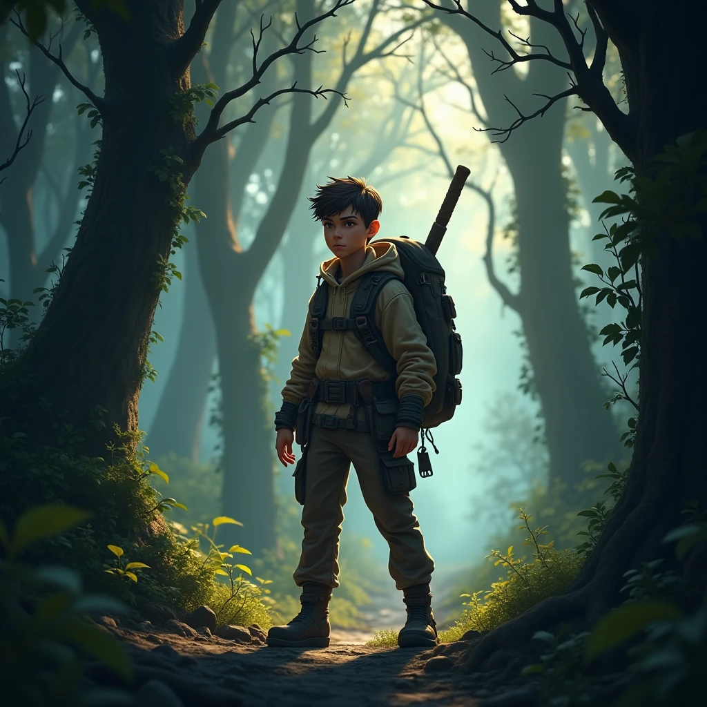 "A young adventurer named Kael stands at the edge of a dark and mysterious forest, his expression determined as he prepares to enter."