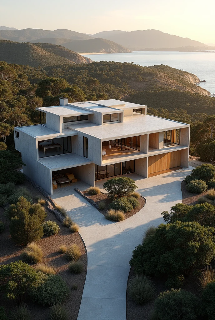 large luxury concrete house in a rural Western Australian coastal port city, coastal port city, luxury house, cyclone-proof, safe, safe from storms, drone shot from above, stable ground, house has driveway, ultrarealistic, soft lighting, 8k