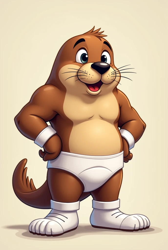 cartoon seal dressed like WWE wrestler Tito Santana.Cartoon seal body. Cartoon seal face. Cartoon seal arms. Cartoon seal hands. Cartoon seal legs.


Brown wavy hair.

White underwear. White wrestling boots. 