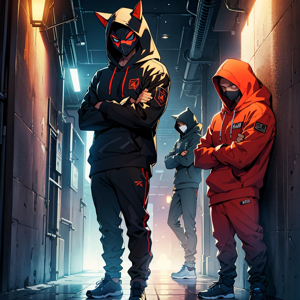 Two guys in hoodies, wearing futuristic masks leaned up against a wall, posing with arms crossed nighttime