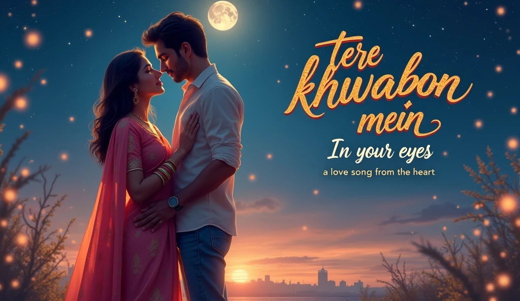 To create a thumbnail prompt for this bilingual 90s-style Hindi and English song, here's a detailed description:
---
**Thumbnail Prompt:**
A romantic thumbnail with a 90s Bollywood vibe. The scene is set against a dreamy night sky with twinkling stars and a bright full moon. In the foreground, a couple is standing close together, looking deeply into each other’s eyes. The woman is wearing a traditional Indian outfit with flowing fabric, while the man is dressed in casual 90s-style attire, like a simple shirt and jeans. They are surrounded by soft, glowing lights that give the image a warm, nostalgic feel.
The title of the song, in a mix of Hindi and English, is displayed at the top in a cursive, elegant font. The text has a golden hue, adding to the vintage look. Beneath the title, a tagline in smaller text reads: "A Love Song from the Heart."
The background should also include subtle elements like the faint silhouette of a cityscape in the distance, adding depth, and a touch of nature with gentle waves or a garden scene in the lower part of the image.
**Text on Thumbnail:**
- **Title:** "Tere Khwabon Mein | In Your Eyes"
- **Tagline:** "A Love Song from the Heart"
---
This prompt captures the essence of a 90s Bollywood song with a blend of romance and nostalgia.