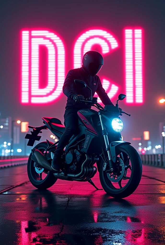 I am a techno DJ and I like motorcycles similar to the Yamaha MT 09 2019 model. I have a song that causes adrenaline when driving. I like 150 bpm in songs. I want something that illustrates a video game cover from the 90s. It is not necessary to impersonate me. I need the following letters in the image "DCI" with an electric style. The image must be square and 1000 pixels X 1000 pixels in size.. Add a pilot in urban suit