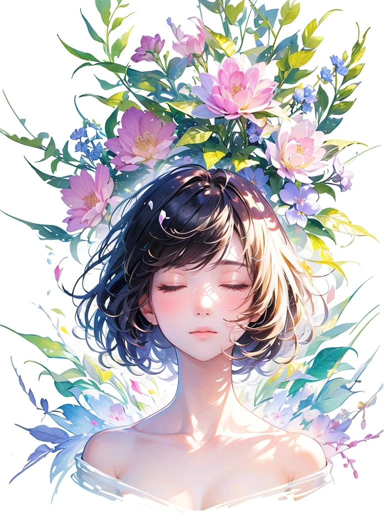 (masterpiece、Highest quality、Highest quality、Beautiful and beautiful:1.2)、Excellent anatomy、(Watercolor painting 1.5)、Long Shot、straight short hair images、Trendy Hair Color, Beautiful Face、Beautiful profile, Looking up to the sky, I close my eyes and pray, Fairy, 蝶のFairyのコスチューム、Pure white、Pure、charm, Colorful flowers of different colors, Flower and leaf wind、Botanical Art,