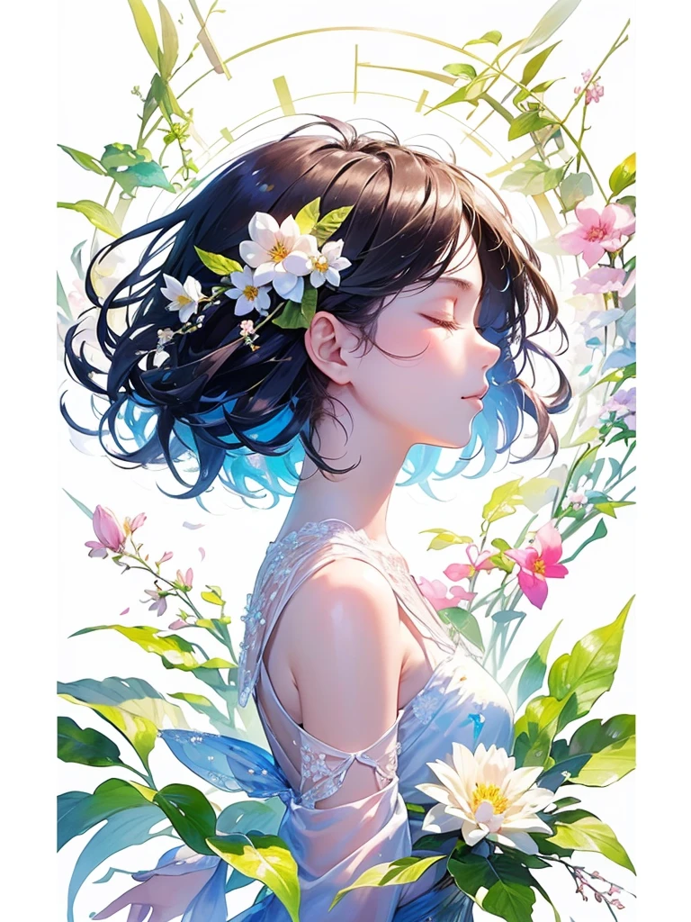 (masterpiece、Highest quality、Highest quality、Beautiful and beautiful:1.2)、Excellent anatomy、（Watercolor painting 1.5）、Long Shot、straight short hair images、Trendy Hair Color, Beautiful Face、Beautiful profile, Looking up to the sky, I close my eyes and pray, Fairy, 蝶のFairyのコスチューム、Pure white、Pure、charm, Colorful flowers of different colors, Flower and leaf wind、Botanical Art,
