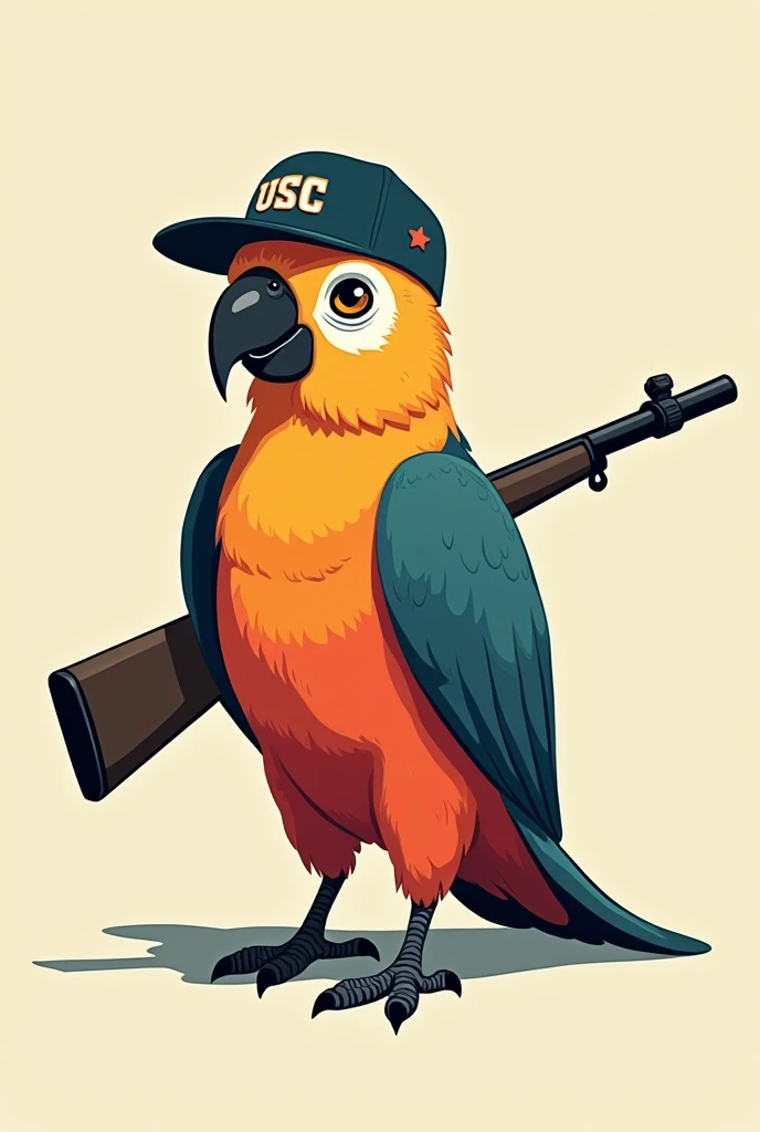 simple drawing, basic and colorful, no shadows or reflections, few colors. Cockatoo without reaction or emotion, with a serious expression, wearing a USEC cap from the game Escape from Tarkov, with a sniper rifle slung across his back.