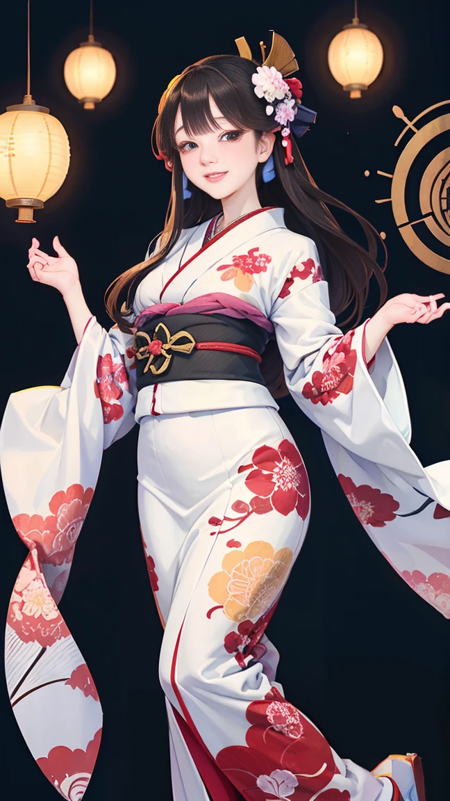 A beautiful woman smiles and shows her upper white teeth、Vividly colored Japanese Ukiyo-e style illustrations、(SeaArt creates stunning illustrations of beautiful women in kimono)、Brown-black long hair、Beautiful full body style、Let's dance a little Tokyo Ondo Yoiyoi、Beautiful new digital paintings,、Bright vibrant digital anime art、 Detailed digital anime art、 Beautiful anime portraits、background、Torii gate of a shrine in Kyoto, Japan、Detailed CG、