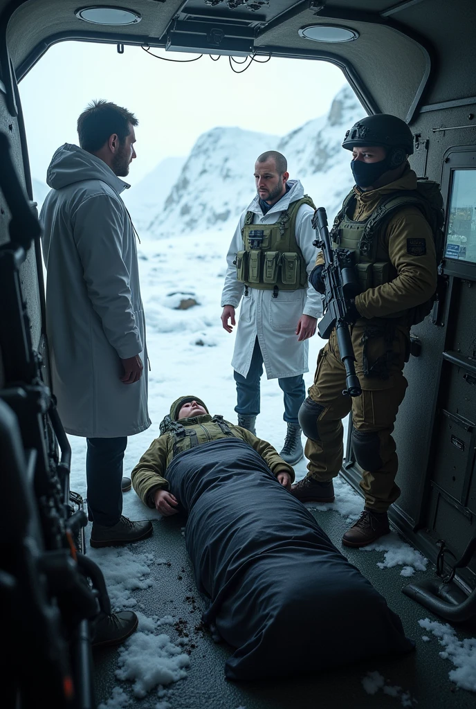 Inside the helicopter, a bird&#39;s eye view reveals two scientists in white coats, tense and concentrated, next to two soldiers in tactical clothing, helmets and masks. With weapons ready in their hands, soldiers keep watch as the body of a comrade, wrapped in a black bag, rests on the cabin floor, shading the environment with an atmosphere of tension and loss. view of ice outside the aircraft