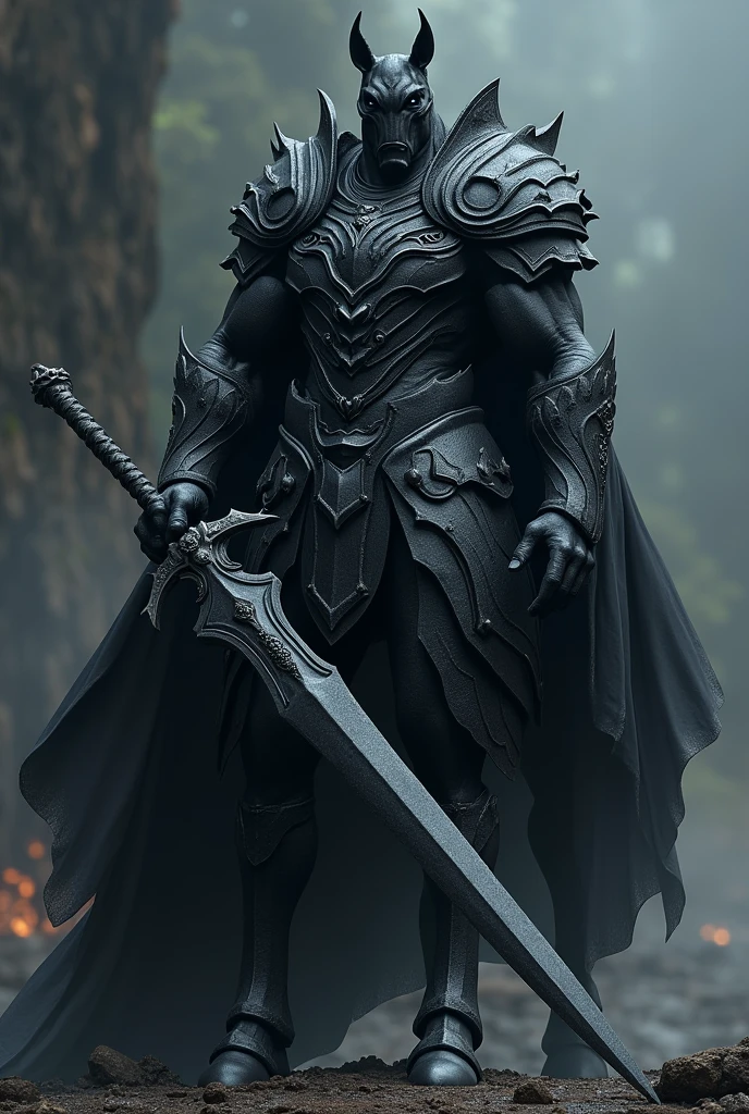 Black horse armed and obsidian armor with an obsidian sword
