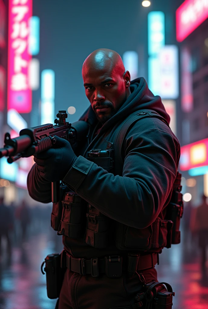 Night city scenery, realistic style, badass, black male, bald, goatee, undercover clothes, strong, holding an assault rifle aimed at me, serious look, somewhat close up, photo-realistic, intricate details, high-quality, HD,