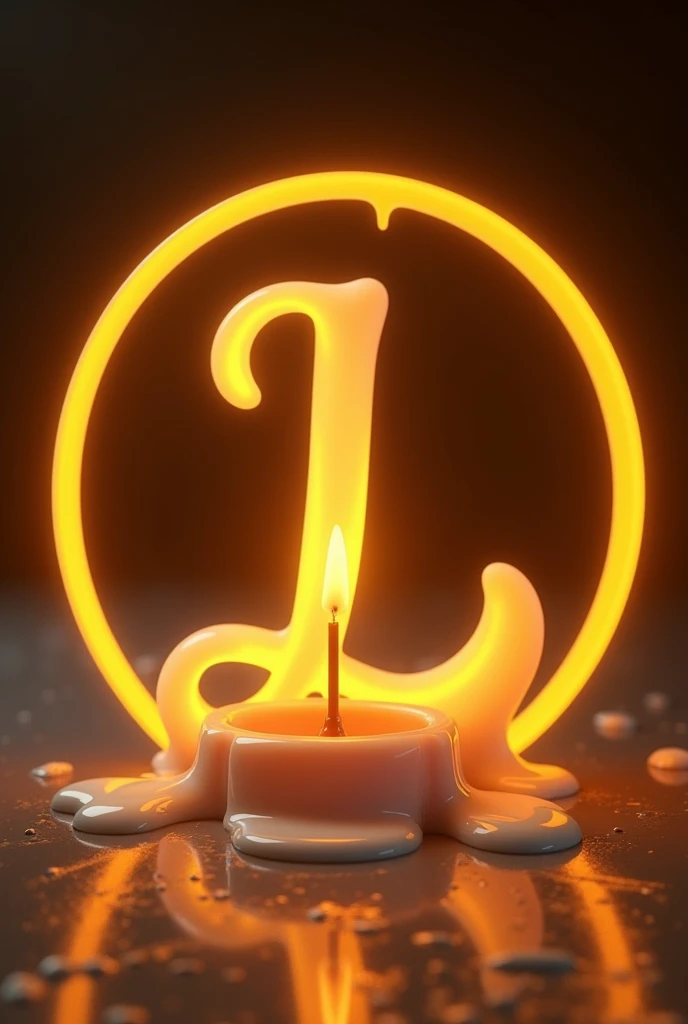 Presentation for business card on scented candles of a modern and cursive letter L embracing a lit candle in the shape of a L that melts with a visible flame in the center of a golden circle in gold color all around iperealistic cyberpuk