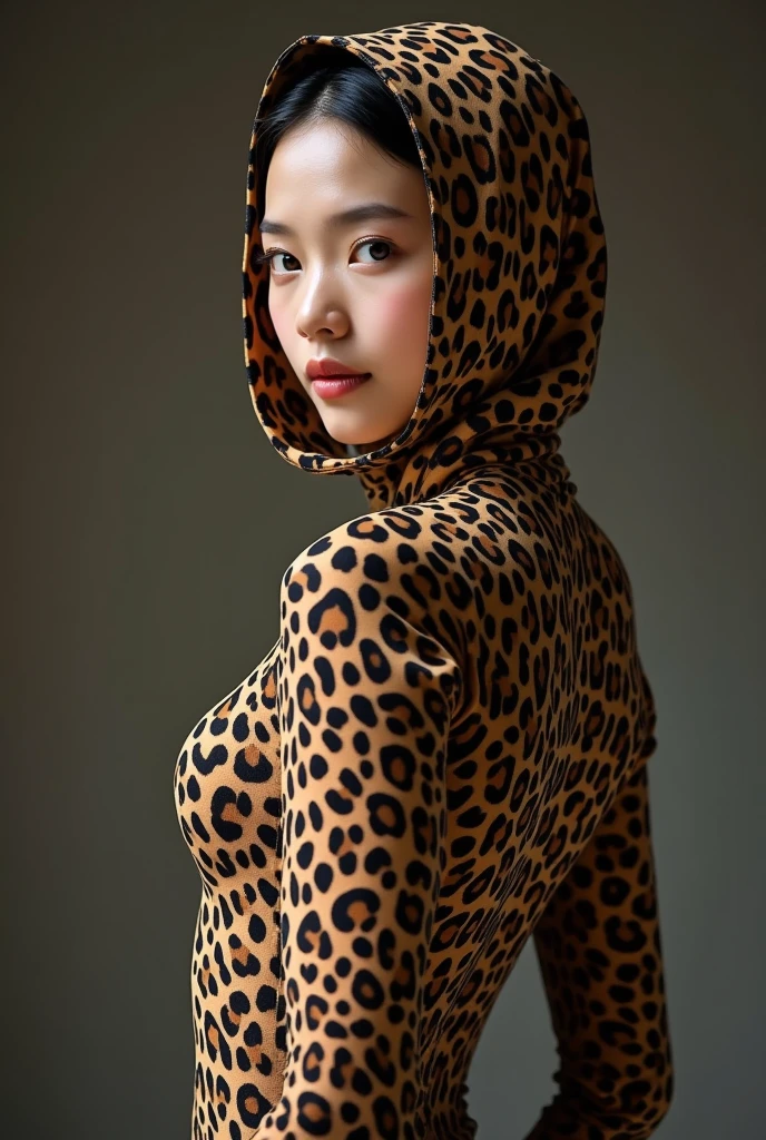 The beautiful Chinese flexible adult girl with beautiful cheeks wears leopard print full lycra dancewear turtleneck unitard catsuit.She wears leopard print lycra elastane dancewear hijab-like zentai hood.She is happy to perform contortion performance.