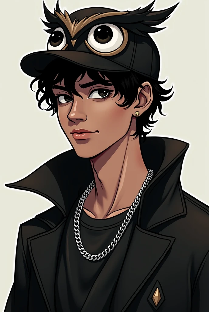 Make a male character with dark SKIN, but not so dark, of curly and black hair, with black eyes, with a slight smile on your face, an owl hat on his head, a black outfit with a silver chain around the neck, do this in the style of the logo for the YouTuber, but make the character masculine and not effeminate