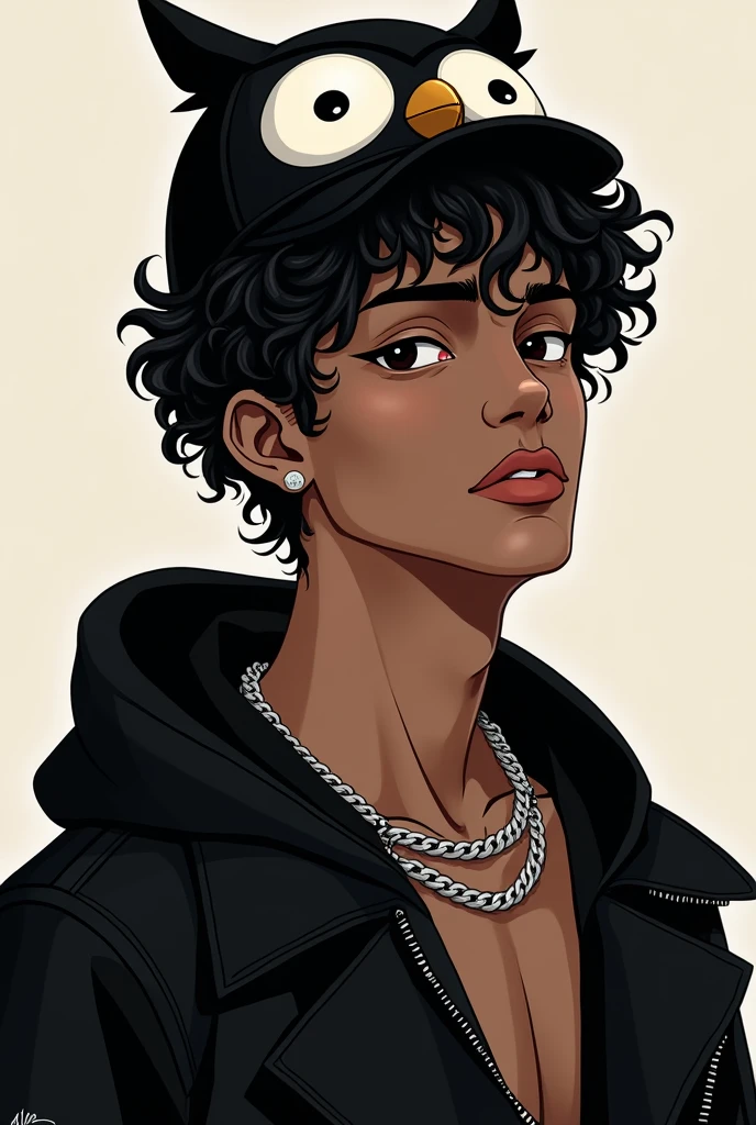 Make a male character with dark SKIN, but not so dark, of curly and black hair, with black eyes, with a slight smile on your face, an owl hat on his head, a black outfit with a silver chain around the neck, do this in the style of the logo for the YouTuber, but make the character masculine and not effeminate