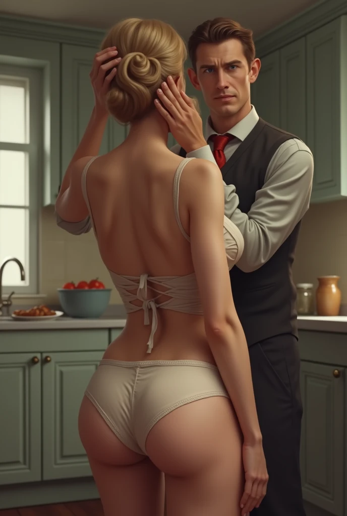 Attractive mature housewife with short blonde hair standing in the kitchen is punished by her husband with the flat of his hand on her bare bottom.