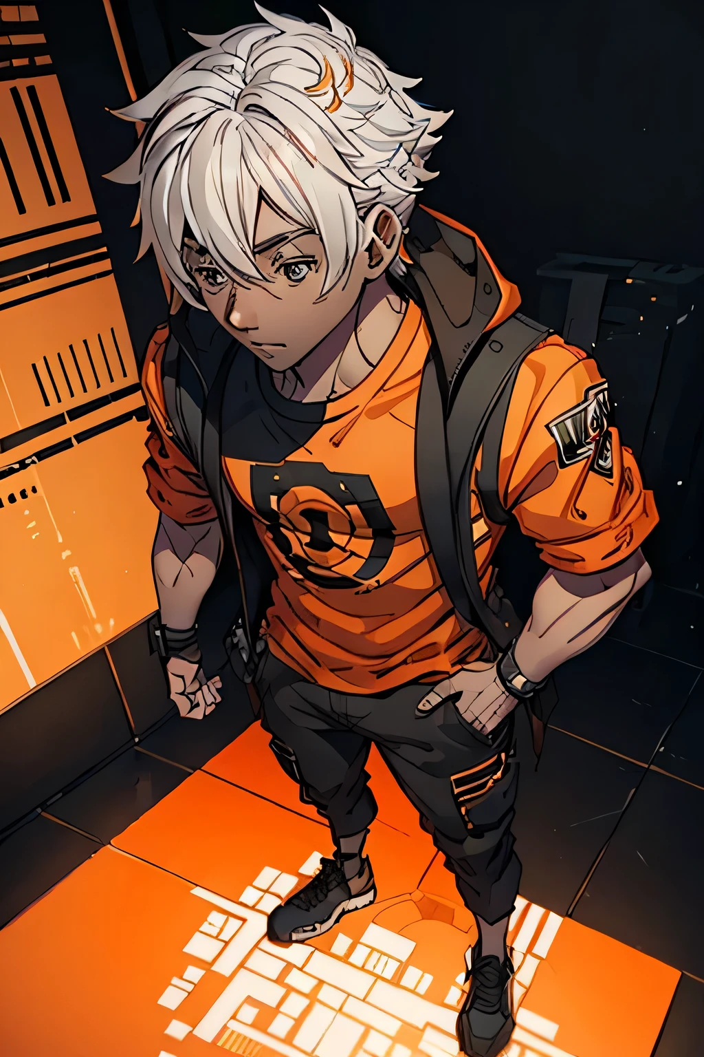 a man, white mullet short hair, brown skin, orange and black clothes, full body
