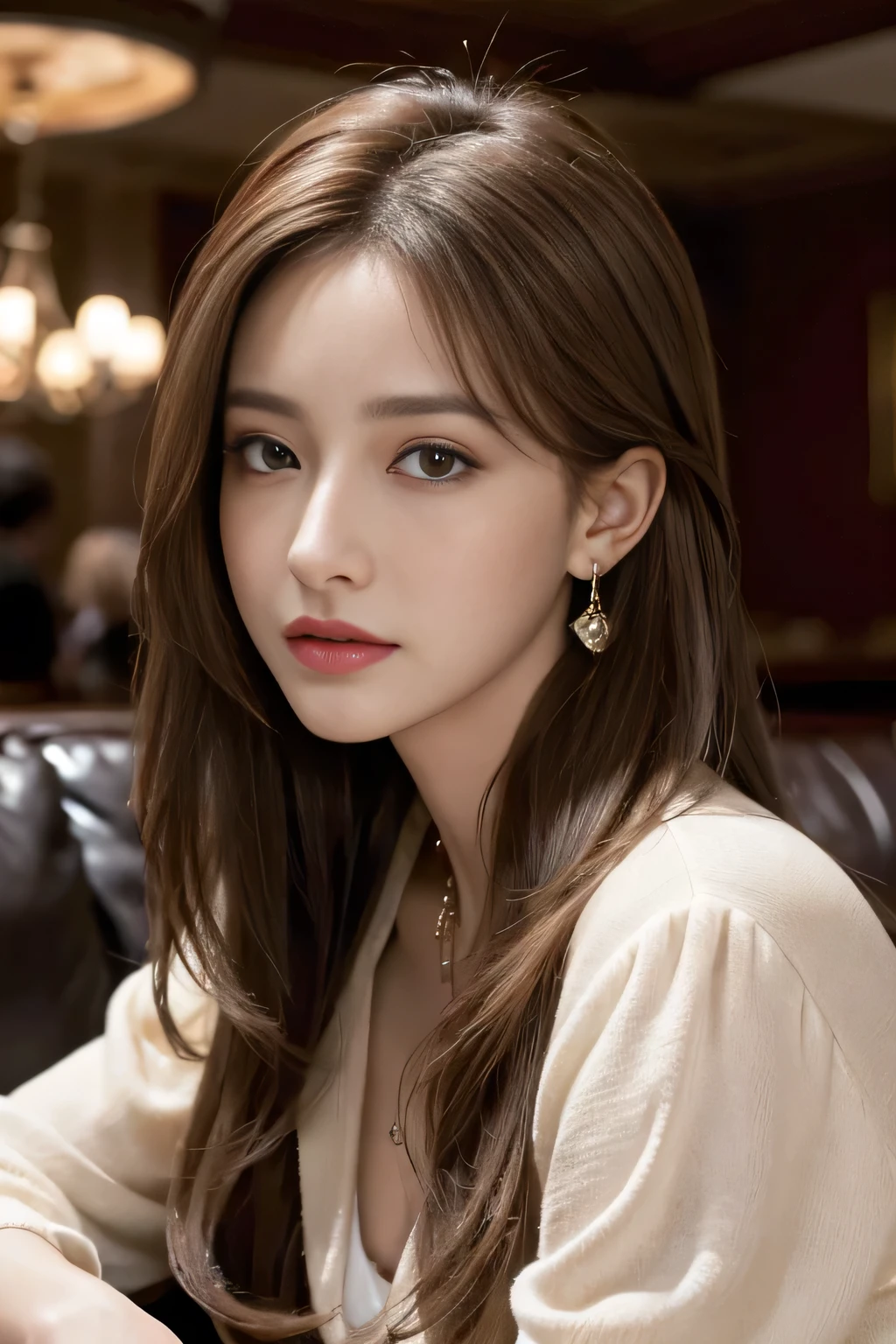 masterpiece, Highest quality, Realistic, Very detailed, Finer details, High resolution, 8k wallpaper, One beautiful woman, Wear a nice suit, In a great restaurant, At night, Light brown messy hair, Perfect dynamic composition, Beautiful and beautiful eyes、Big earrings、Sit on the sofa
