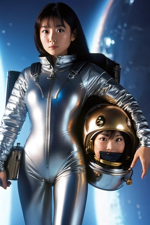 Asian Woman in metallic space suit equipping space helmet and space backpack from a 90's sci-fi series