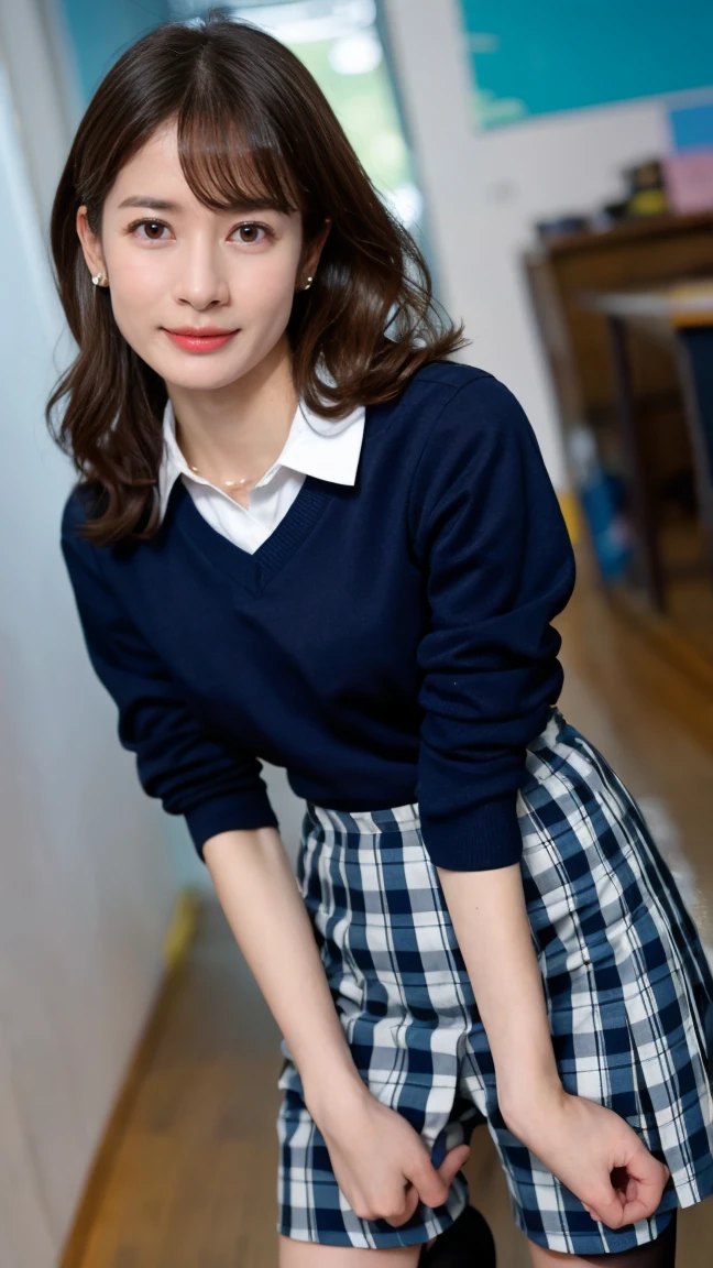 masterpiece, Highest quality, figure, Very detailed, The finer details, High resolution, 8k,wallpaper, Perfect dynamic composition,(Detailed high quality, Realistic depiction of eyes:1.3), (Wavy Hair:1.2), High school classroom、Schoolgirl uniform、blazer 、Super Short Check Uniform Skirt、Navy blue knee-high socks、garter belt、huge 、Disheveled uniform, Short Bob Hair, Black hair color, Large Breasts, Big Natural Color Lip, Bold sexy pose, (Perfect figure), Crying a little、Harajuku Style、20-year-old girl、Cute type, Beautiful feet, Gravure idol pose, Voluptuous thighs, Accurate anatomy、Ultra-high definition beauty face、Ultra HD Hair、Ultra HD The Shining Eyes、The Shining, Super high quality beautiful skin、Super high quality glossy lip