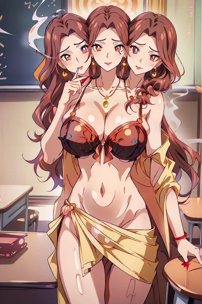 smoking a cigarette
,holding a cigarette,
jewelry,midriff,gem,earrings,necklace, (3heads:1.5), open belly, very huge breasts, (very, beautiful eyes:1.5), (very detailed eyes:1.5),
brown_hair,brown_eyes,Very_long_hair,lipstick,makeup,red_lips,Hot girl, baddie, staring, glaring, bad attitude, mean girl, dare, angry, hate, crazy, smoking, sensual, attractive,
1 girl, 20yo,mature female,Beautiful Finger,Beautiful long legs,Beautiful body,Beautiful Nose,Beautiful character design, perfect eyes, perfect face,
masterpiece, best quality, ((unbuttoned , cleavage, necklace, earrings, sexy body,
breasts)) , micro skirt, smiling, navel , exposed belly, exposed navel,(nsfw) not safe for work,school,
classroom , hold a gun,knot, holding pistol