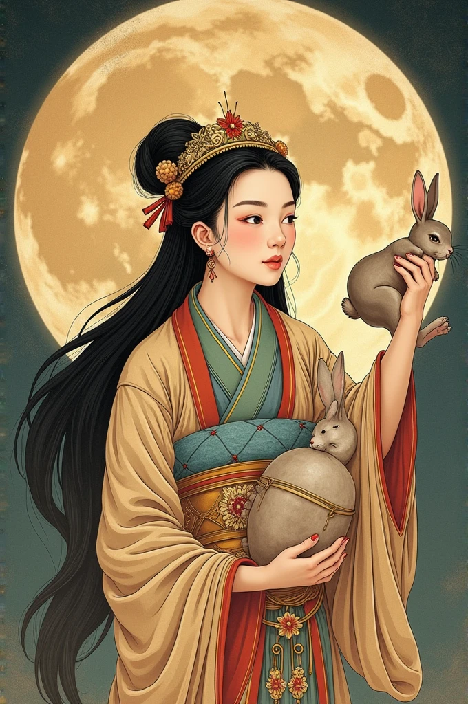 ((best quality)), Moon goddess Chang'e with her rabbit and a moon behind her and in ancient Japanese style and levitating as if she wanted to reach the moon, One of her hands is raised towards the moon and the other is holding her rabbit., It has to look old