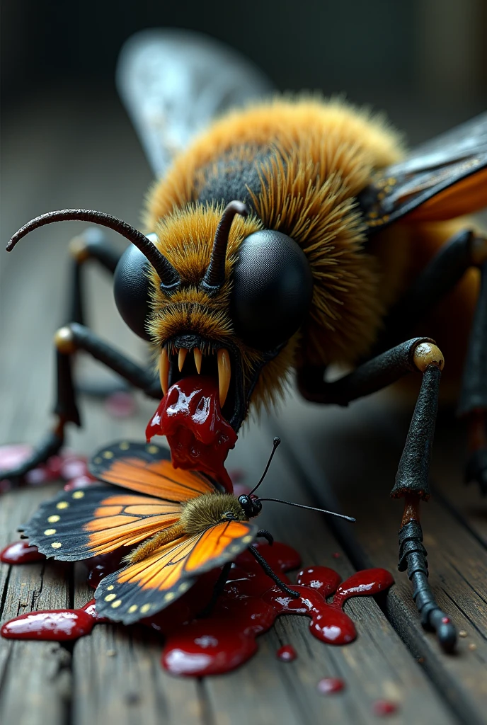 Create a horror image where there is a moth cutting the wings of a butterfly that is lying on a piece of wood.