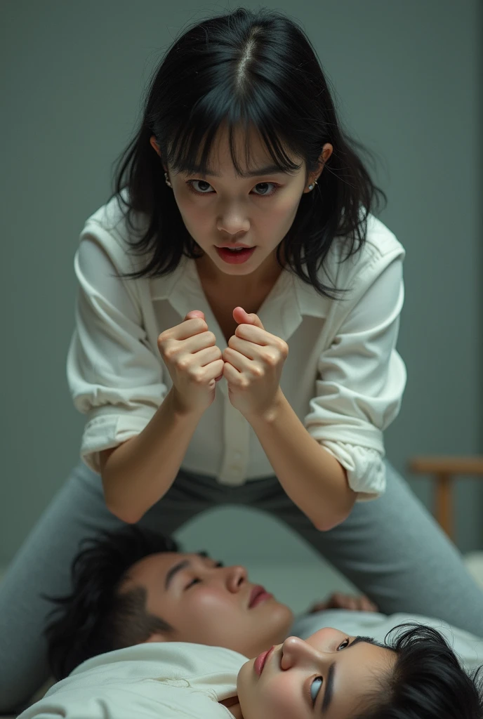 A Korean woman wearing white shirts and gray leggings is sitting on a lying man and clenching her fists, young korean girl, Idol 