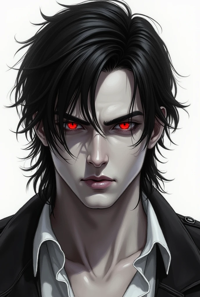 Black haired man Modern mullet hairstyle,red eyes,white background,drawing,