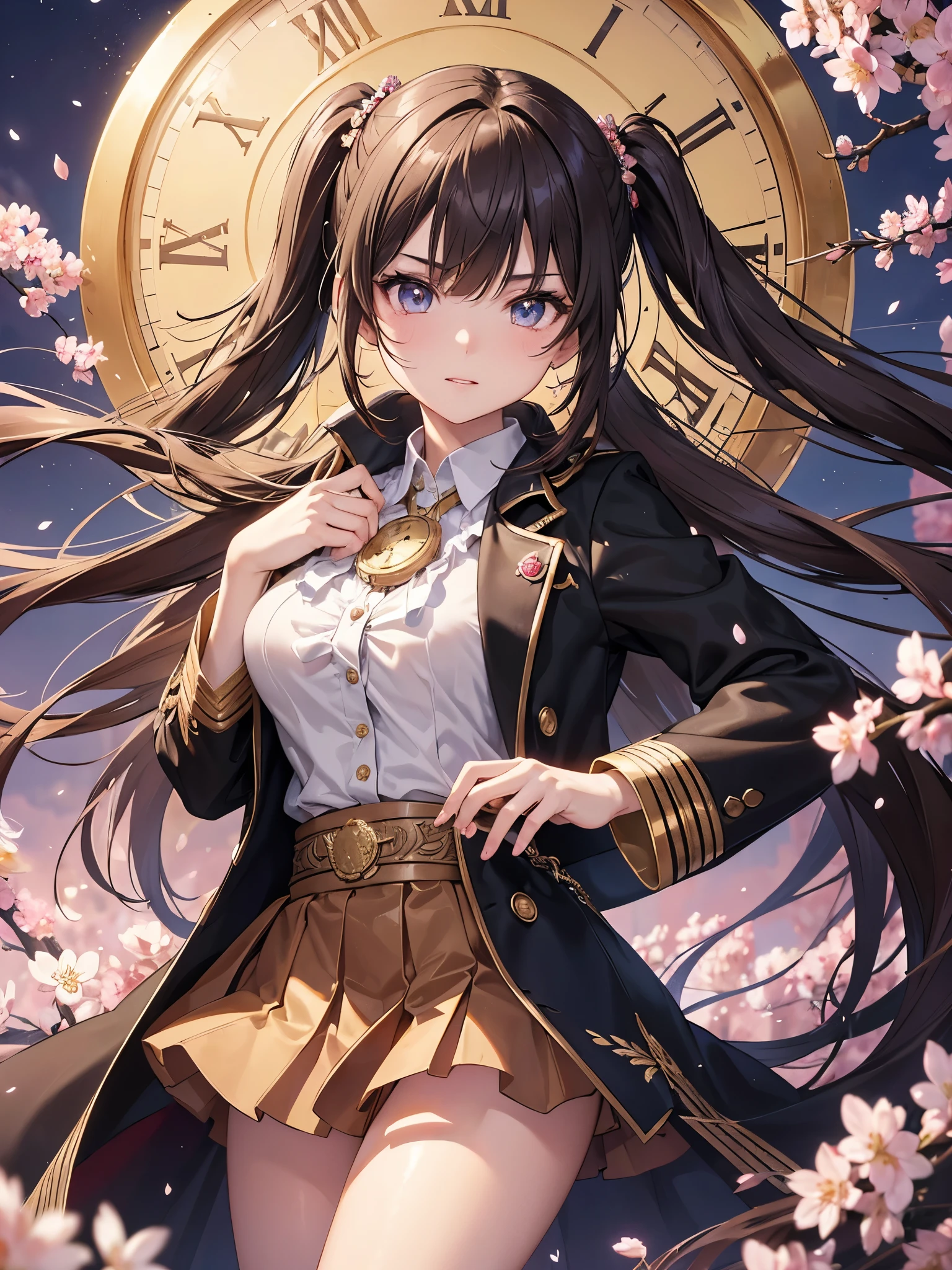(16K,Ultra-high resolution,Highest quality,masterpiece,Super detailed,Very vivid CG),A beautiful Japanese girl from the future wearing a black coat,Brown hair twin tails,Superpowers,Anatomically correct body,Perfect Shadow,Highly detailed facial features, Beautiful and perfect face, Perfect Eyes,He takes out a gold pocket watch from his palm.,CG effect of a giant clock in the background,spring evening,Cherry blossoms in full bloom and the full moon,Light only by moonlight,Cherry blossom petals fluttering,Brown Skirt