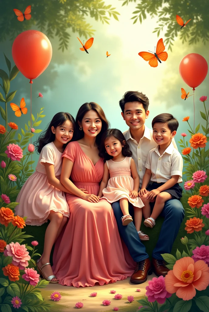 Real Pinoy person famiy pictorial. wife beautiful with dress.husband handsome with attire and daughter girl 1 with dress .and daughter girl with dress .and boy with attire .and boy with attire . with flowers baloons butterflies sitting in chair