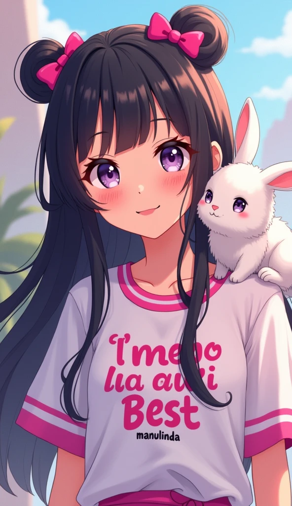 anime with long black hair, with 2 pink bows on the head, pink details, with a fluffy white rabbit on his shoulder, written on the shirt in Portuguese BR: I'm the best, e abaixo de I'm the best, Write: manulinda