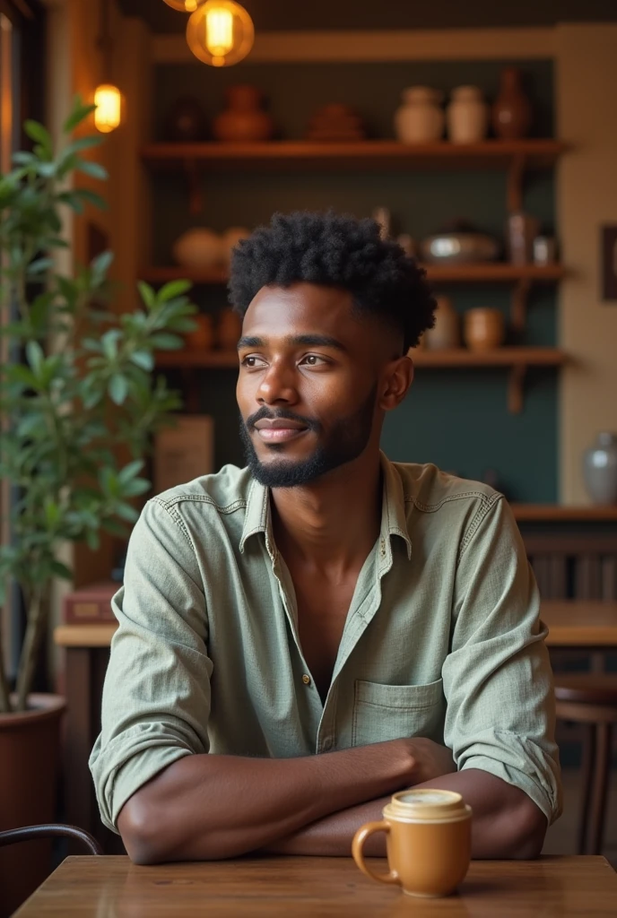 Somali boy age 25 wearing shirt sitting in the coffee shop 
