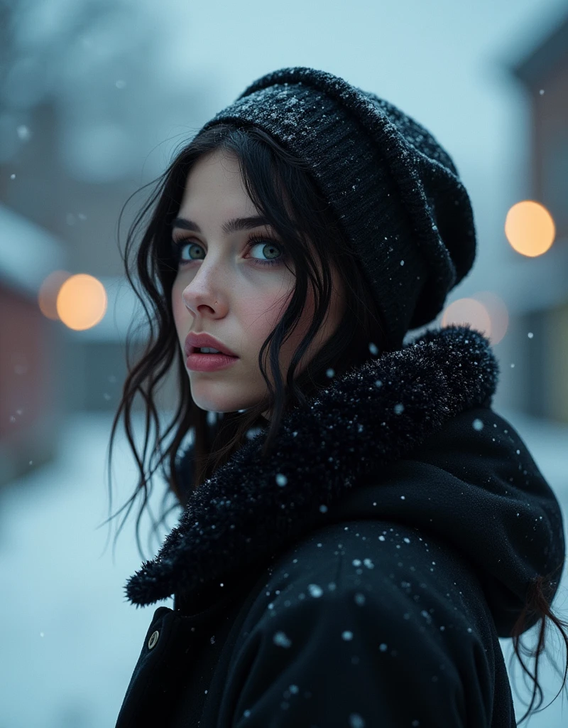 (masterpiece, hyperrealism, sharp images, photorealistic, best quality:1.5), (it only shows the back part of her) (Full body portrait, sky view), (highly detailed face:1.5), (has white skin, highly detailed skin:1.8), (20 years old woman) (she has very black wavy hair) (breast size: 1.3), detailed hd beautiful dark green eyes, lips marked with pink lipstick, flirtatious look, big light green eyes, bold black eye shadows, huge eyelashes, (she is wearing stylish black coat for rain and snow, with cap, with sherpa lining) (has his eyes looking up at the sky, watching the snow fall) (she is walking on the sidewalk in a neighborhood of one-story houses) (everything is covered with snow) (background, it is already dark, there are black and blue clouds, it is snowing and it is cold). she exhales and steam is seen