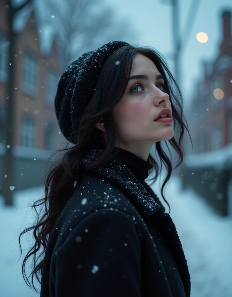 (masterpiece, hyperrealism, sharp images, photorealistic, best quality:1.5), (it only shows the back part of her) (Full body portrait, sky view), (highly detailed face:1.5), (has white skin, highly detailed skin:1.8), (20 years old woman) (she has very black wavy hair) (breast size: 1.3), detailed hd beautiful dark green eyes, lips marked with pink lipstick, flirtatious look, big light green eyes, bold black eye shadows, huge eyelashes, (she is wearing stylish black coat for rain and snow, with cap, with sherpa lining) (has his eyes looking up at the sky, watching the snow fall) (she is walking on the sidewalk in a neighborhood of one-story houses) (everything is covered with snow) (background, it is already dark, there are black and blue clouds, it is snowing and it is cold). she exhales and steam is seen
