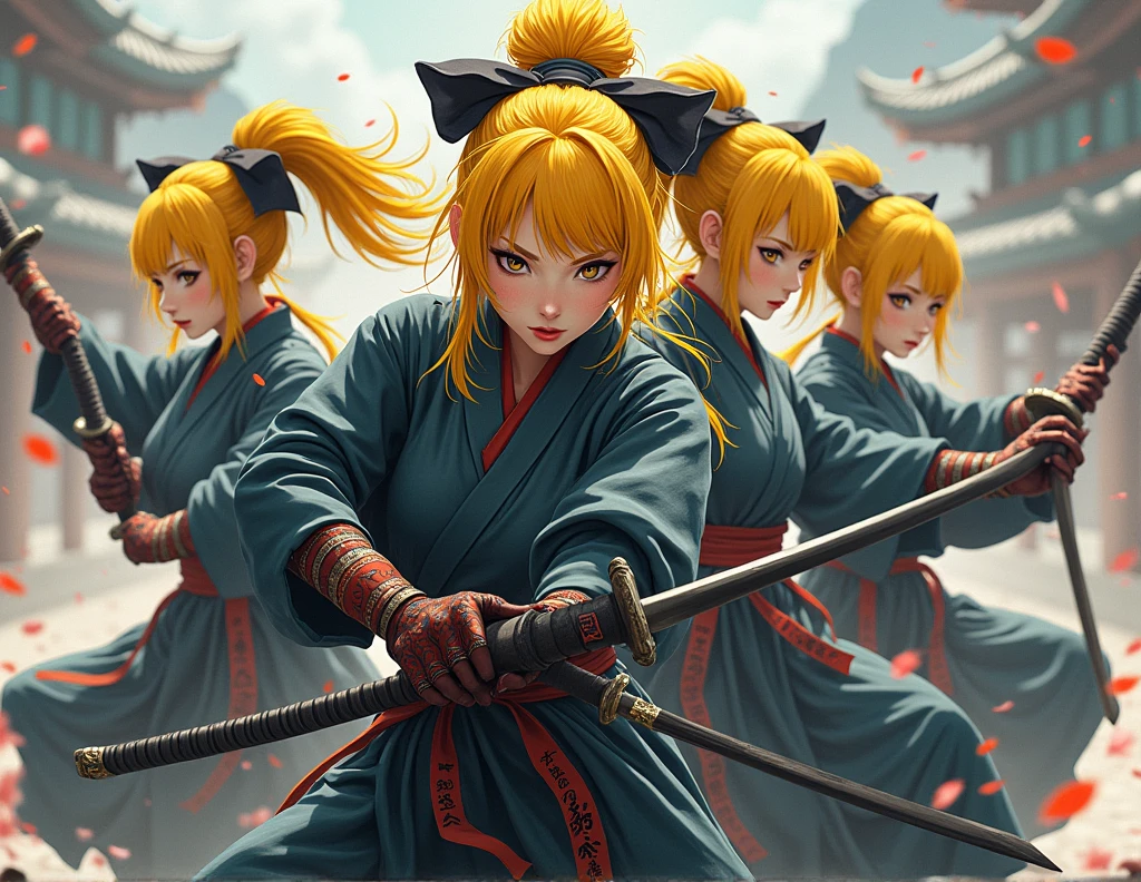 kunoiches with katanas and yellowish hair looking like the female version of Zenitsu