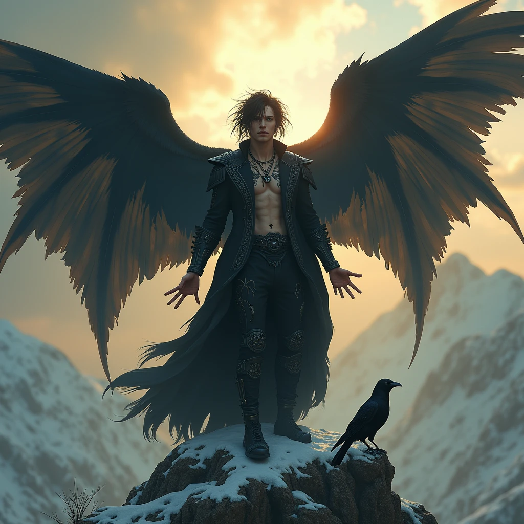 Angel male 30 years old, pale skin, blue eyes, black hair, big and black bat wings, wearing black suit, with piercings and old tattooed symbols, holding a crow on top of mountain in sunrise., messy hair, Hyperrealism, god rays, glowing light, UHD, anatomically correct, 1080P
