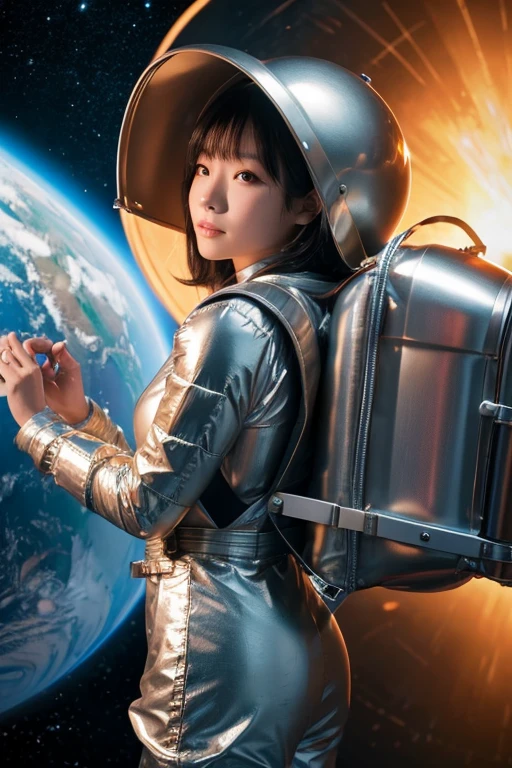 Asian Woman in metallic space suit equipping space helmet and space backpack from a 90's sci-fi series