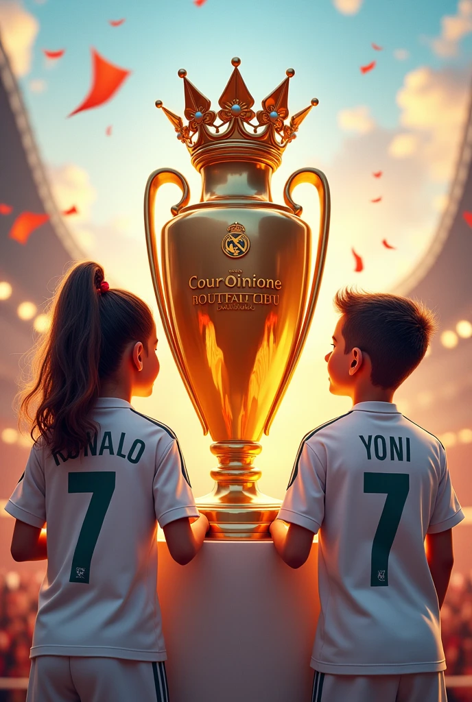 An image with the Real Madrid shirt with the Champions Cup with the number 7 on the back, girl and boy called Irel and Yoni
