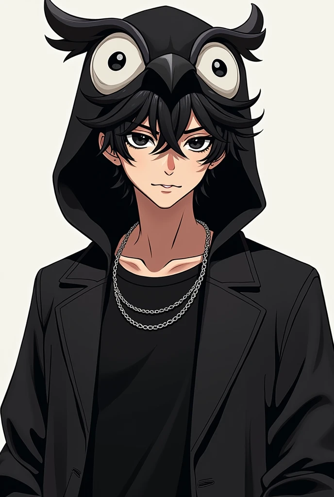 Make a male character with dark SKIN, but not so dark, of curly and black hair, with black eyes, with a slight smile on your face, an owl hat on his head, a black outfit with a silver chain around the neck, do this in the style of the logo for the YouTuber, but make the character masculine and not effeminate