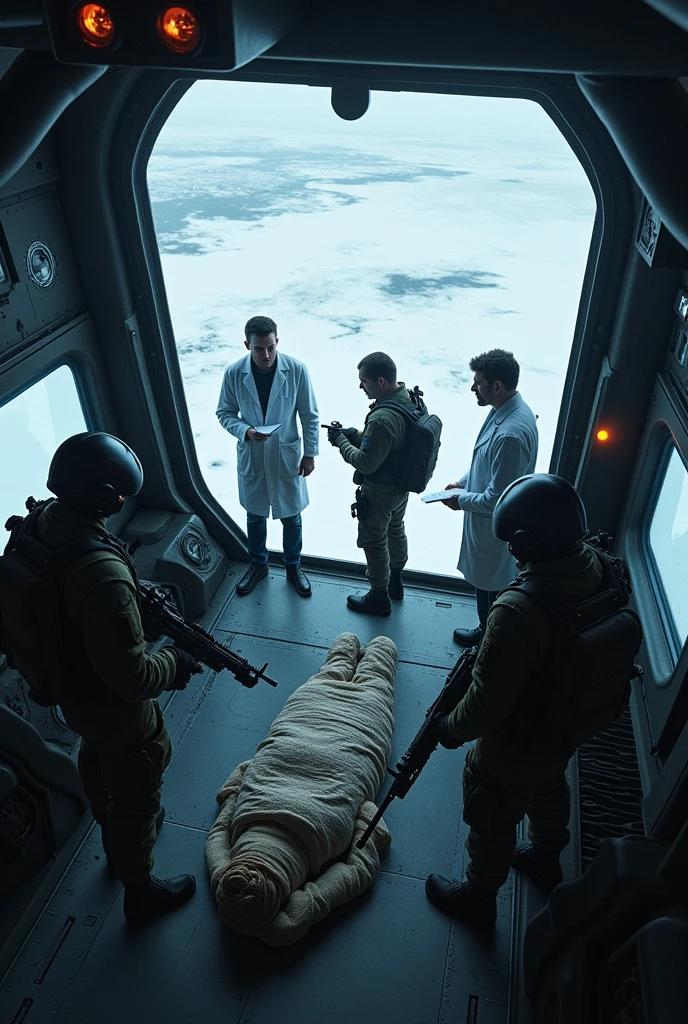 Inside the helicopter, a bird&#39;s eye view reveals two scientists in white coats, with notebooks , next to two soldiers in tactical clothing, helmets and masks. With weapons ready in their hands, soldiers keep watch as the body of a comrade, wrapped in a black bag, rests on the cabin floor, shading the environment with an atmosphere of tension and loss. view of ice outside the aircraft