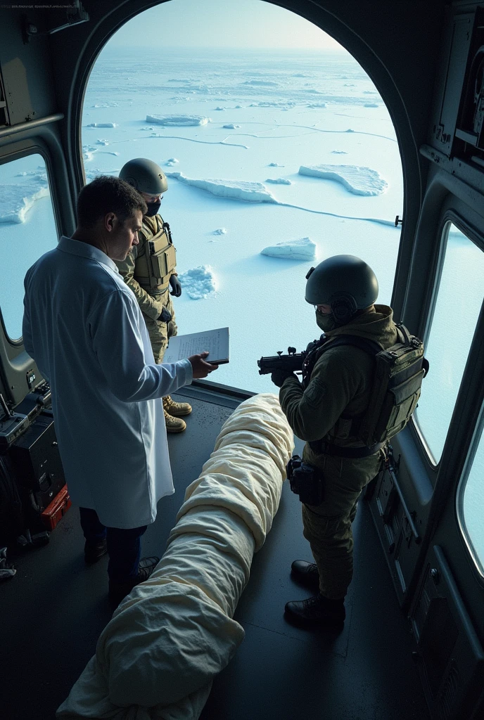 Inside the helicopter, a bird's eye view reveals two scientists in white coats, with notebooks , next to two soldiers in tactical clothing, helmets and masks. With weapons ready in their hands, soldiers keep watch as the body of a comrade, wrapped in a black bag, rests on the cabin floor, shading the environment with an atmosphere of tension and loss. view of ice outside the aircraft