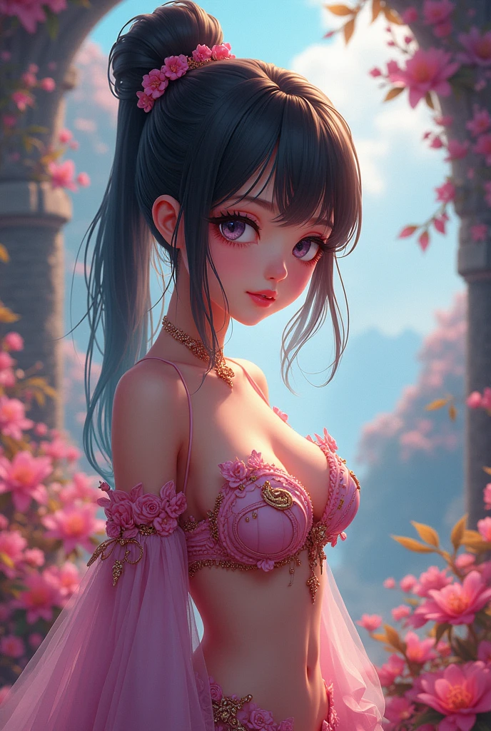 a beautiful young anime girl, detailed face with big expressive eyes, long eyelashes, small nose, full lips, intricate hairstyle, wearing a colorful anime-style outfit, detailed fabric textures, in a fantasy landscape background, (best quality,4k,8k,highres,masterpiece:1.2),ultra-detailed,(realistic,photorealistic,photo-realistic:1.37),vibrant colors,intricate details,cinematic lighting,fantasy art, huge breasts, underboobs, pussy, pussy showing