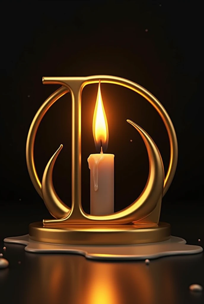 Presentation for a black and gold business card on aromatic candles of a modern golden and cursive letter L embracing a lit candle in the shape of an L that melts with a visible flame in the center of a golden circle in gold color all around iperealistic cyberpuk