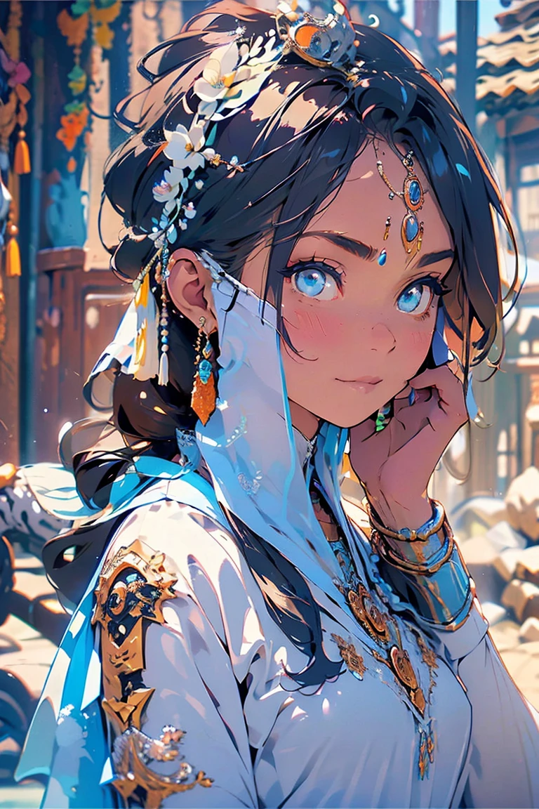 1 Beautiful Woman，1 girl, alone, looking at the viewer, blush, black hair, Desert Princess，Aladdin，Dark skin（（（The eyes are very delicate）））（（（Hair accessories）））（（（veil：24））））（（（veil））），necklace，Wearing a blue conservative silk dress， ((Royal Palace))（（（masterpiece）））， （（best quality））， （（Intricate details））， （（Surreal））（8K）