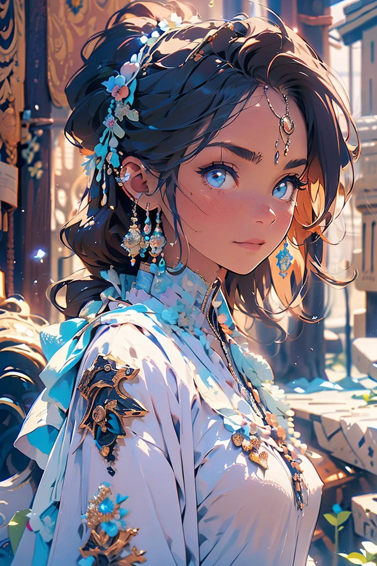 1 Beautiful Woman,1 girl, alone, looking at the viewer, blush, black hair, Desert Princess,Aladdin,Dark skin(((The eyes are very delicate)))(((Hair accessories)))(((veil:24))))(((veil))),necklace,Wearing a blue conservative silk dress, ((Royal Palace))(((masterpiece))), ((best quality)), ((Intricate details)), ((Surreal))(8K)