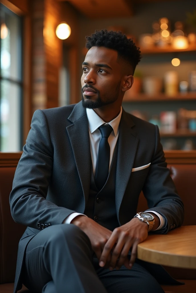 Somali boy age 25 wearing suit sitting in the coffee shop 
