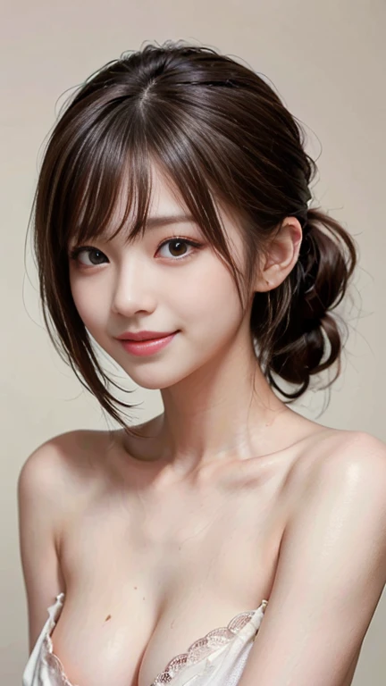 ((Highest quality、masterpiece、High resolution))、(((Zoom photo of upper body、Brown Hair)))、(A shy smile:1.2)、One Woman、Beautiful Skin、Beautiful Eyes、Cleavage、Completely naked、Shorn bangs、ponytail
