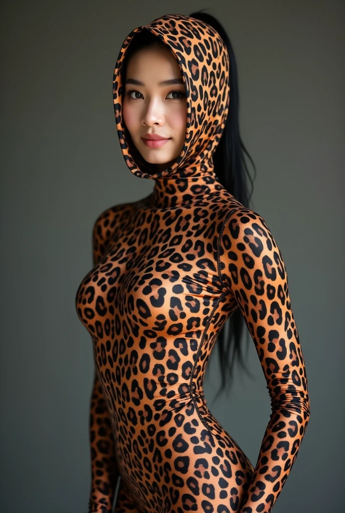 The beautiful Chinese flexible adult girl with beautiful cheeks wears leopard print full lycra dancewear turtleneck unitard catsuit.She wears leopard print lycra elastane dancewear hijab-like zentai hood.She is happy to perform contortion performance.