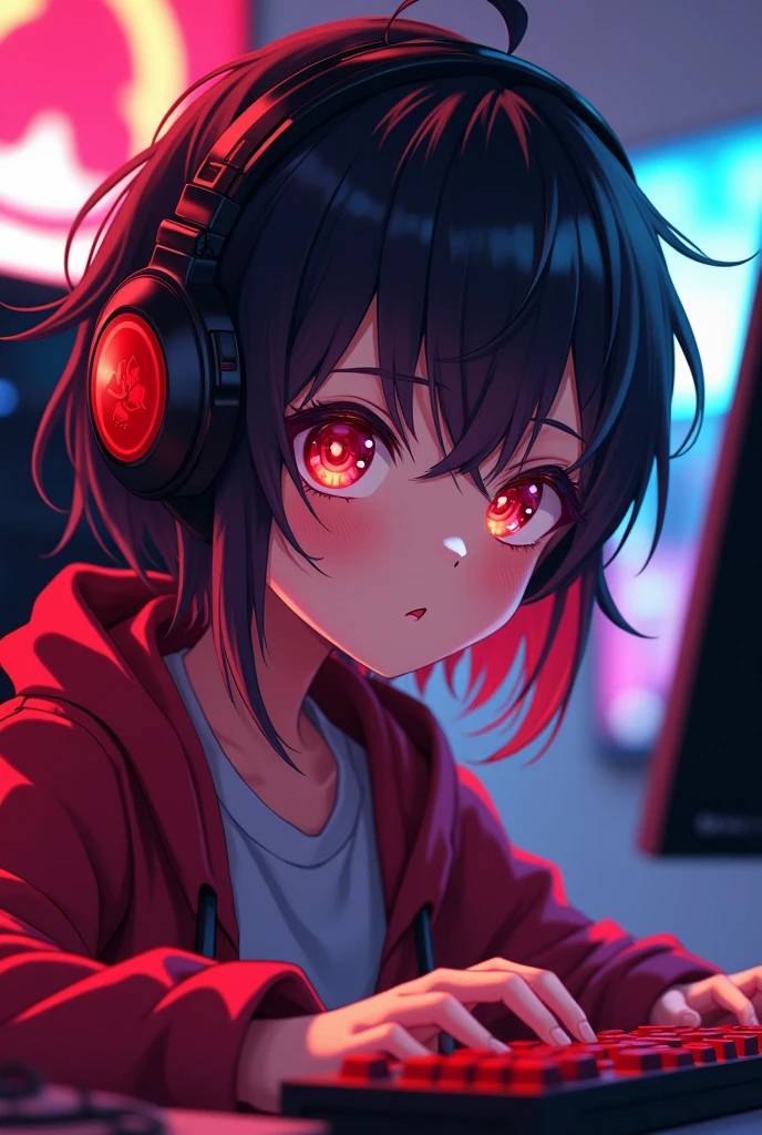 Light skin anime girl, crimson red eyes, short messy black and red hair, black and red gaming headsets, doing a stream