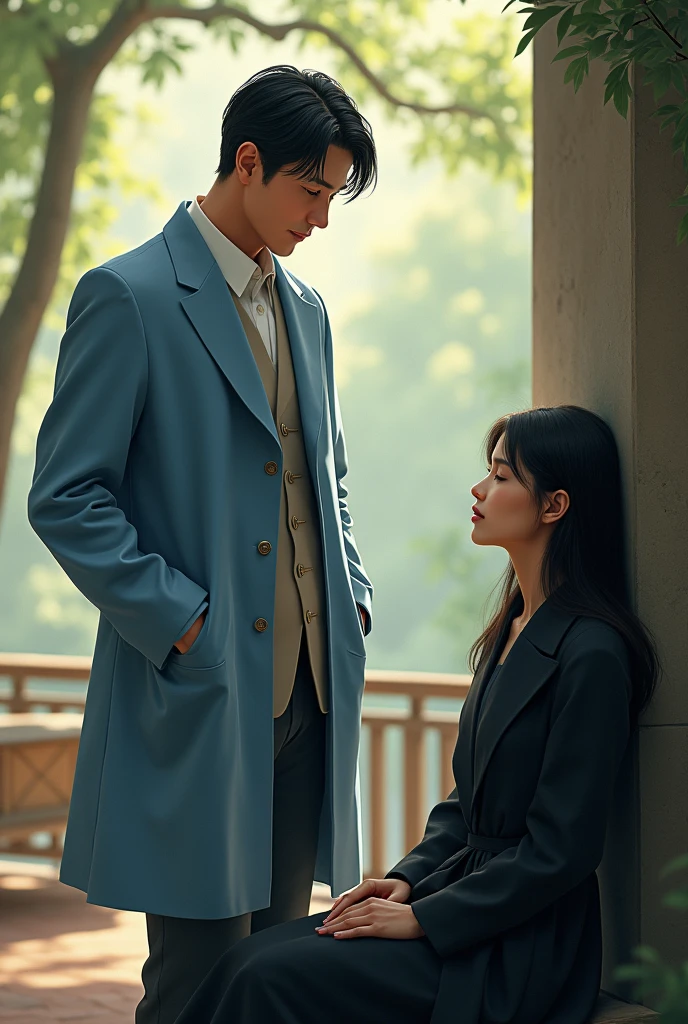 Realistic scene of a single 3 white Caucasian man with short black hair, no Oriental barefoot, standing, wearing a light blue suit, pants and a doctor or monk style jacket Spiritual, with a relaxed attitude and a slight smile. In a spiritual environment, interacting with a white woman with long black hair, what is medium, wearing black clothes. The man is next to the woman and the woman is sitting.