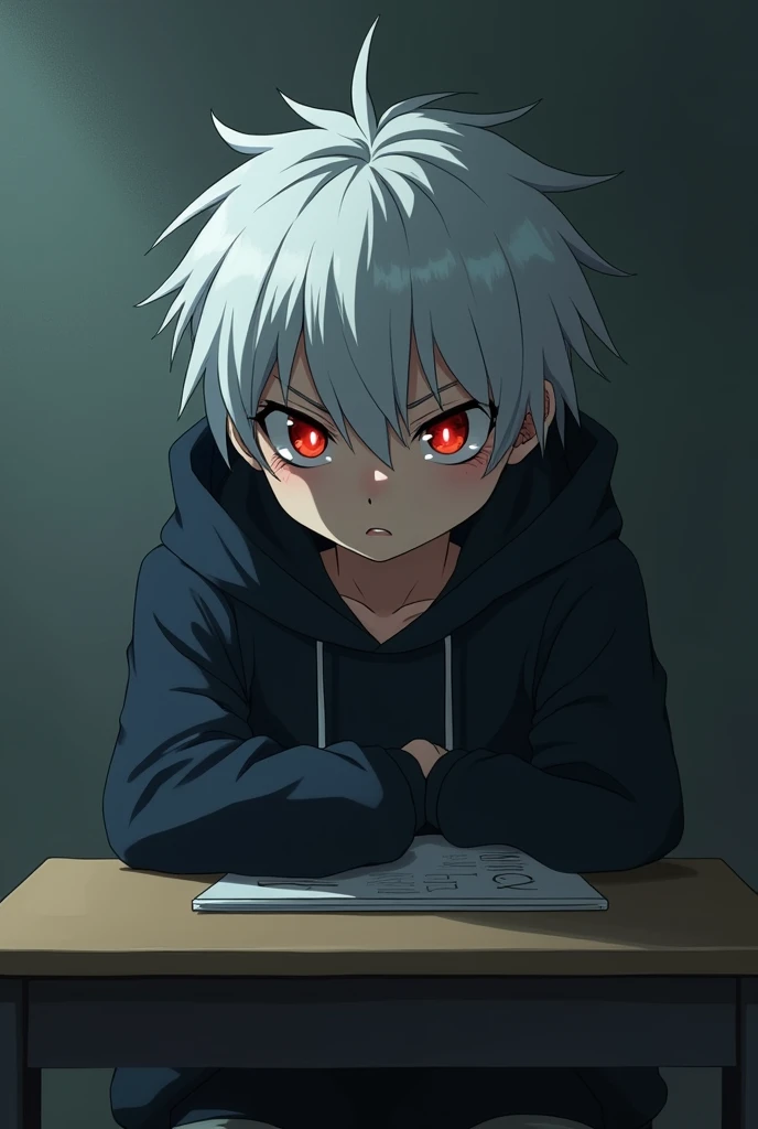 A lonely boy, anti social, depressed, serious, embittered, and angry, her short white hair, His red eyes and empty, lonely gaze, He is wearing a hooded robe and is sitting at a student desk with his uniform resting on the table., He has an annoyed and lonely expression, He is about , It's anime style.